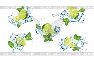 Mojito ice cubes, lime fruits in realistic splash - vector image