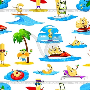 Cartoon pasta characters on beach seamless pattern - color vector clipart