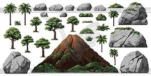 Dinosaur era environment pixel game assets, palms - vector image