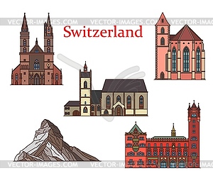 Switzerland landmarks, Basel churches, cathedrals - vector clip art