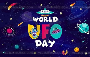 World UFO day poster with alien Martian and saucer - vector clipart / vector image