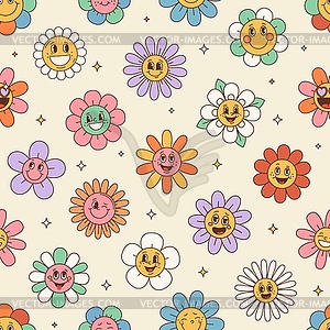 Ретро хиппи заводной узор из ромашек и счастливых цветов - цветной векторный клипарт