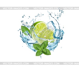 Mojito drink with lime half fruit in water splash - vector clipart