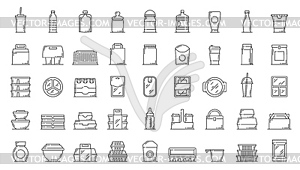 Plastic food containers, disposable packages icons - vector image