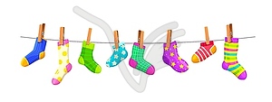Socks on clothesline, cotton or wool socks on rope - vector clipart