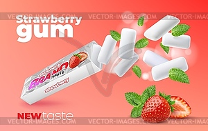 Realistic strawberry chewing gum, spearmint leaves - vector clip art