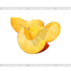 Realistic peach cut in quarters, ripe raw fruit - vector image