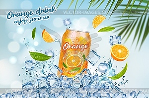 Ice orange drink can, citrus fruit and tea leaves - vector clipart / vector image