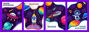 Space posters. Cartoon alien characters, spaceship - color vector clipart