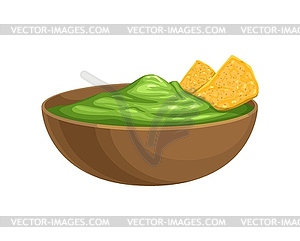 Mexican food, guacamole sauce bowl with nachos - vector image