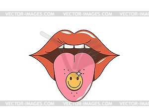 Cartoon groovy woman mouth with tongue and drug - vector image