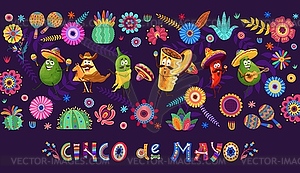 Cinco de Mayo banner with Tex Mex food characters - vector image