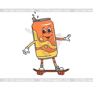 Cartoon groovy juice drink can rides skateboard - vector clip art