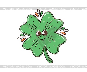 Cartoon retro groovy green clover emoji character - vector image
