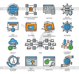Значки сети доставки контента CDN, цифровые носители - клипарт в векторном виде