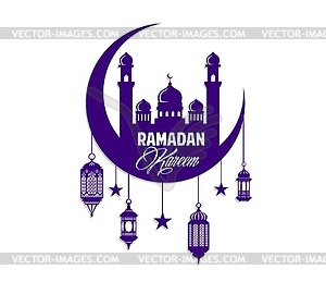 Ramadan kareem crescent moon, mosque silhouette - vector image