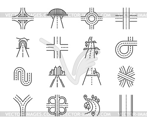 Highway crossroad, street road traffic line icons - vector clip art