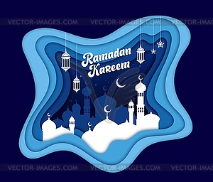 Рамадан Карим вырезал из бумаги баннер с арабским городом - векторное изображение EPS