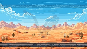 Retro 8 bit pixel desert road landscape background - color vector clipart