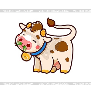 Cute cow cartoon character or mascot eating grass - vector image