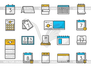 Tear-off and binder calendar thin line icons set - vector image