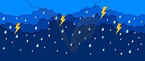 Paper cut rain clouds, water drops and lightning - vector clipart