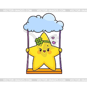 Cartoon cute funny kawaii star character swings - vector image