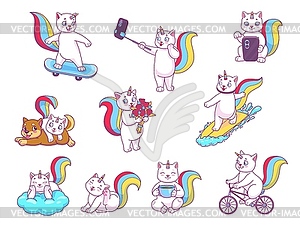 Cartoon cute caticorn cat and kitten characters - vector clip art