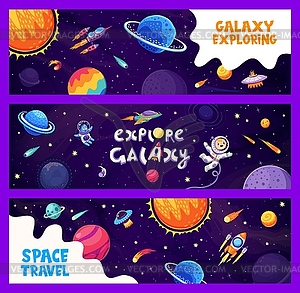 Космические баннеры галактики, малыш-астронавт и инопланетный НЛО - клипарт в векторе / векторное изображение