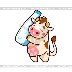 Забавный мультяшный персонаж-корова с бутылкой молока - цветной векторный клипарт