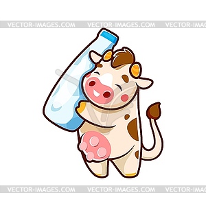 Funny cow cartoon character with bottle of milk - color vector clipart