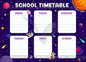 Education timetable with kid astronaut in space - vector clipart / vector image