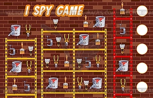 I spy game worksheet with cartoon DIY repair tools - vector image