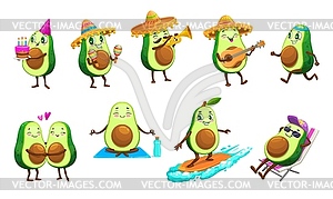 Cartoon mexican cheerful avocado fruits characters - vector image