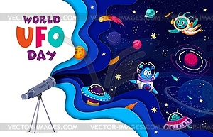 World ufo day, paper cut galaxy space with aliens - vector image