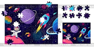 Jigsaw puzzle game pieces, cartoon galaxy space - vector image