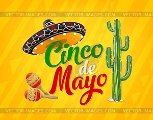 Cinco de Mayo Mexican holiday poster with sombrero - vector image