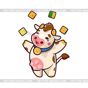 Cute cow cartoon character juggling cheese piece - vector image