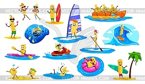 Мультяшные веселые макаронные персонажи на летнем пляже - изображение векторного клипарта