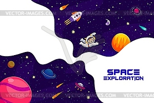 Space exploration banner, kid astronaut in galaxy - color vector clipart