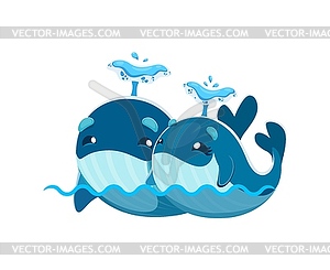 Cartoon cute kawaii whale characters couple in sea - vector image