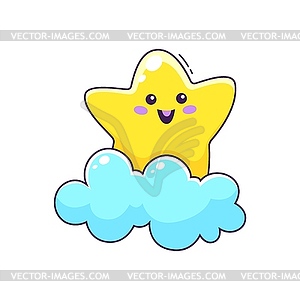Cartoon cute kawaii star character on cloud - vector clipart