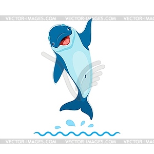 Cartoon dolphin character jump and waving fin - vector clip art