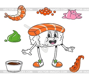 Cartoon funny groovy Japanese sushi character - vector image