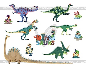 Dinosaur moms and their babies in eggs set - vector clipart