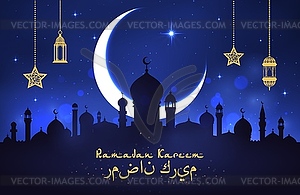 Crescent moon and arabian lanterns on night sky - vector image