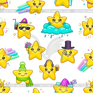 Cute kawaii stars characters seamless pattern - vector clipart / vector image