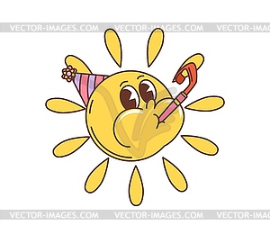 Retro cartoon groovy holiday sun character in hat - vector image