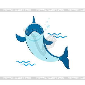 Dolphin cartoon character waving Hello with fin - color vector clipart