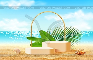 Realistic tropical podium stage with palm leaves - vector clipart